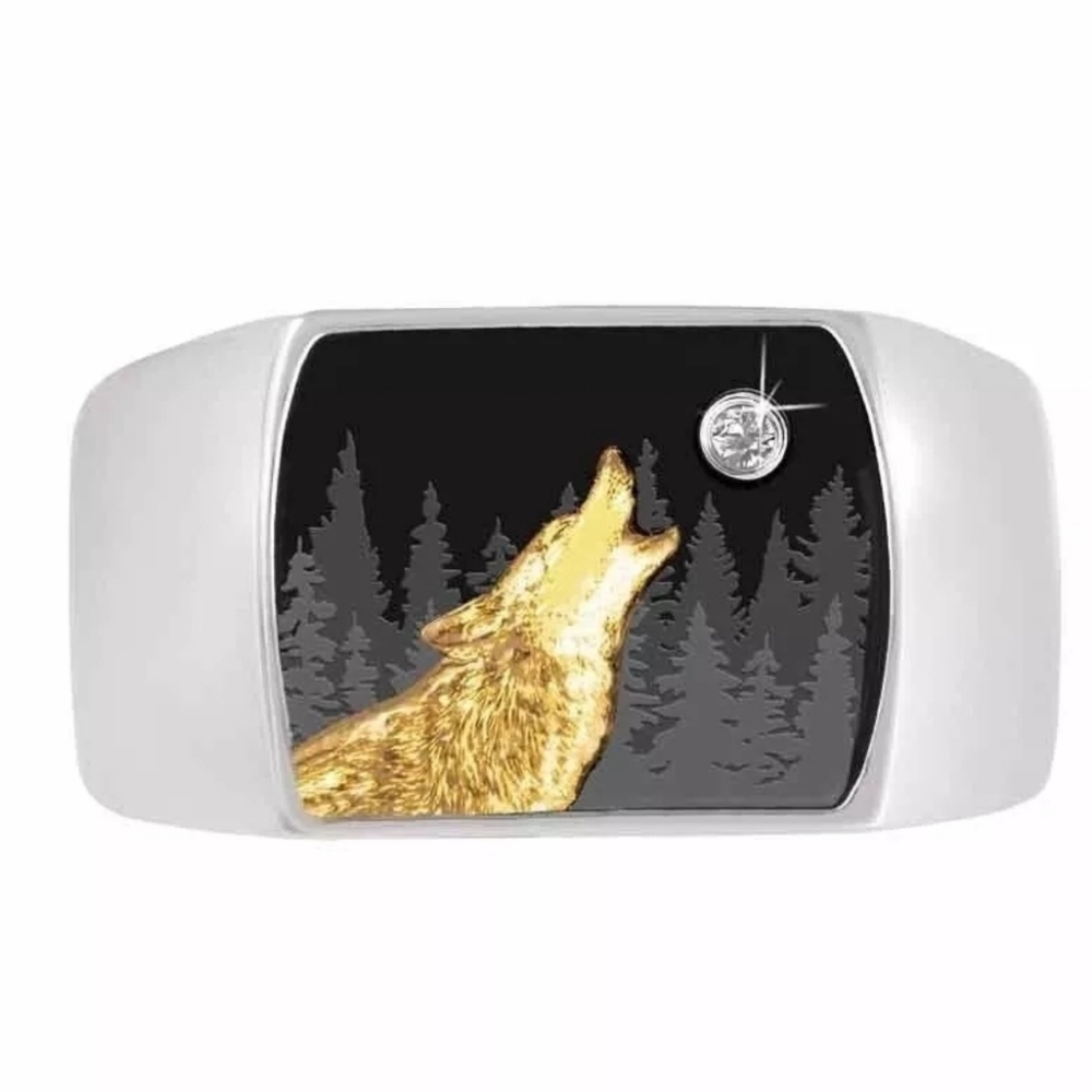 Men's Punk  Silver Gold Wolf Moon Ring  Size 9